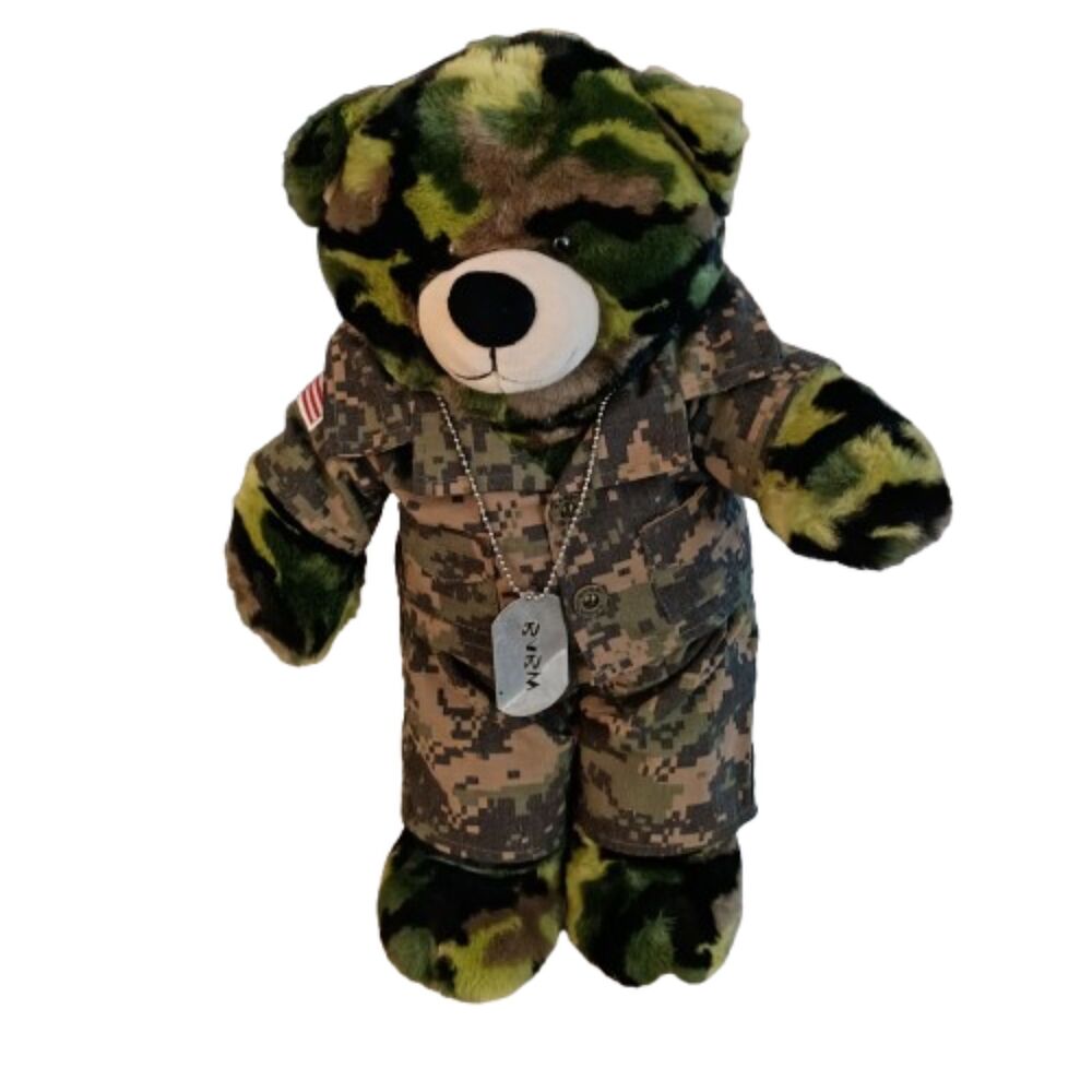 Build-A-Bear Camo Teddy Bear w/ Military Outfit & Dog Tags – 17”